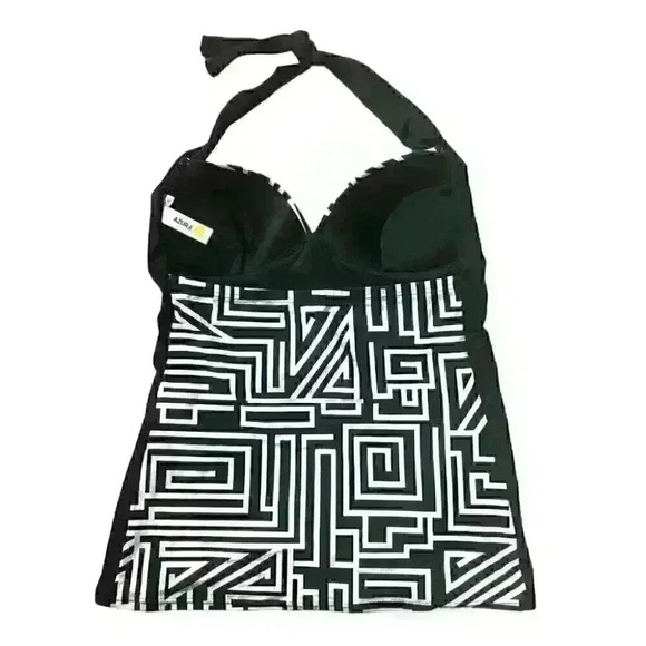 NWOT Azura Australia  Tankini Top Swimwear Tie Neck Geometric Black White - Picture 2 of 11